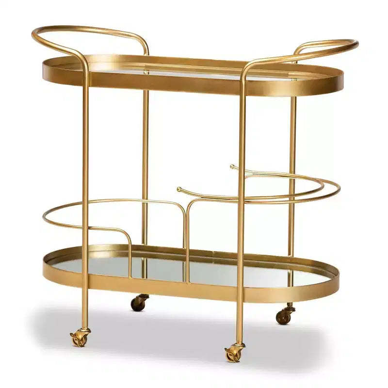 Kamal Glam Brushed Metal and Mirrored Glass 2 Tier Mobile Wine Bar Cart Gold - Baxton Studio: Elegant Serving Trolley with Wheels