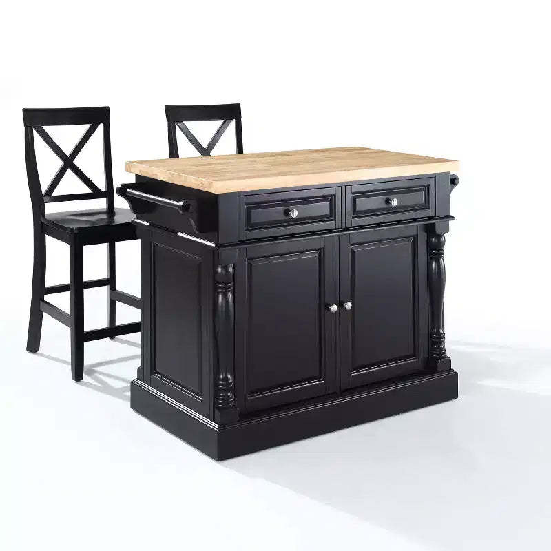 Crosley Oxford Kitchen Island with 2 X-Back Stools Black: Traditional Style, Towel Bar, 4 Shelves, 2 Drawers