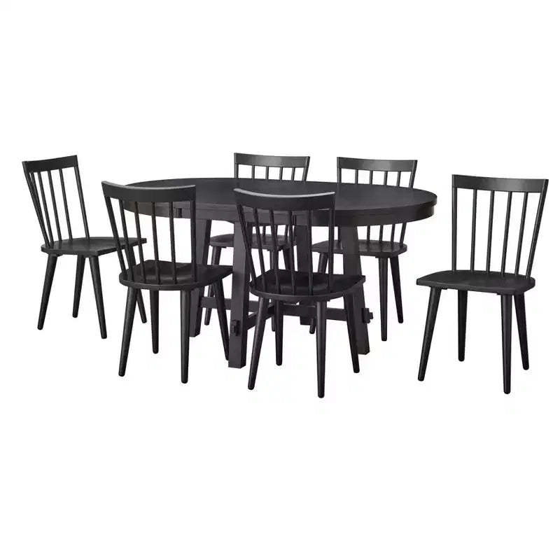 Lifestorey 7pc Edmonton Farmhouse Extendable Dining Set with Solid Wood Chairs Matte Black