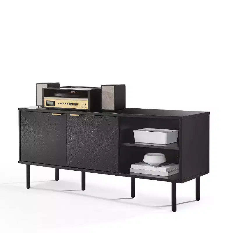 Crosley 54" Brody Record Storage Sideboard Black: Oak Wood Grain, Brass Handles, Cable Management