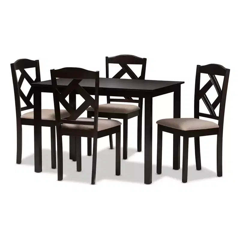 5pc Ruth Modern And Contemporary Fabric Upholstered And Finished Dining Set Dark Brown/ Beige - Baxton Studio: Rectangle Table, Polyester Chairs