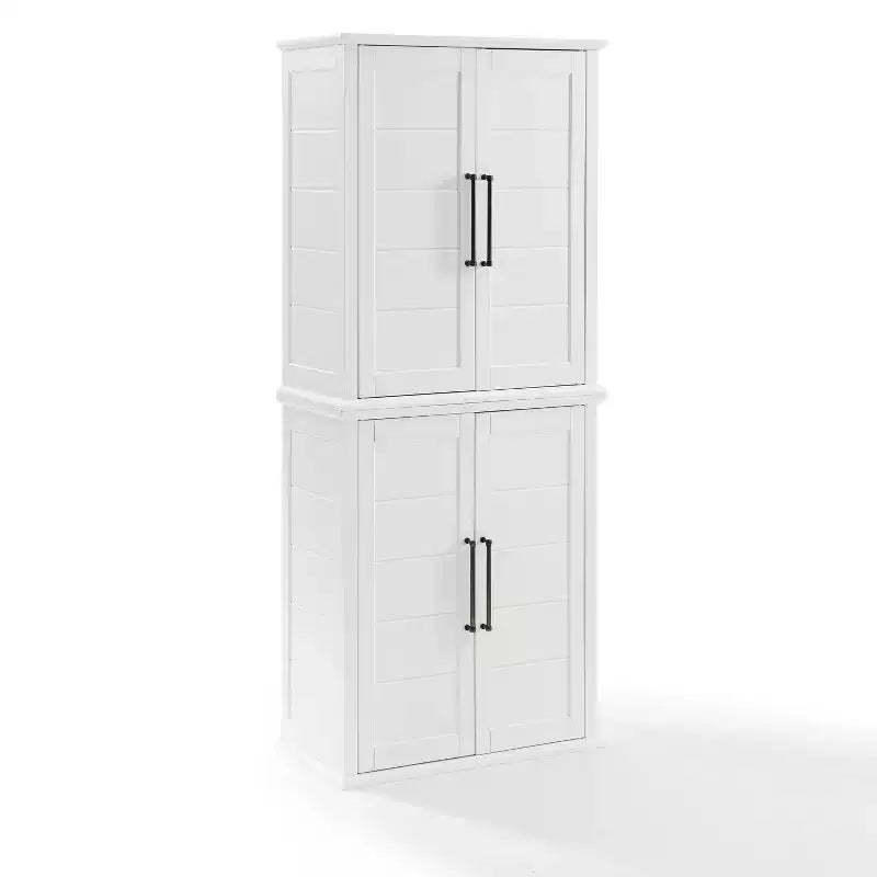 Bartlett Tall Storage Pantry with 2 Stackable Pantries White - Crosley: Modern Farmhouse Style, 4 Doors, 6 Shelves