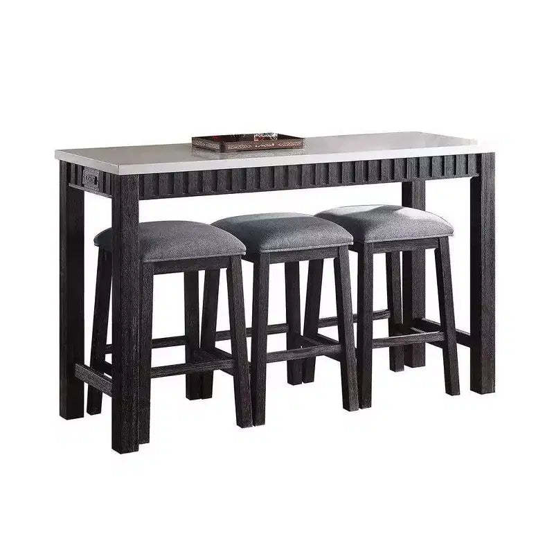 60" Necalli Marble Top Counter Height Dining Set Weathered Espresso - Acme Furniture: 4-Piece, Microfiber Seats, Sled Base