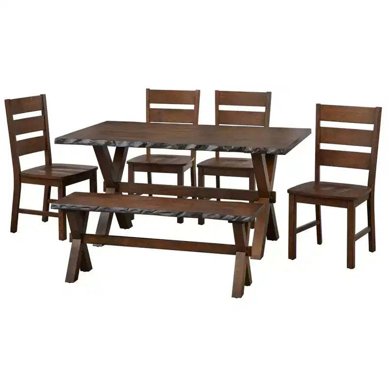 Buylateral 6Pc Mandeville Solid Wood Live Edge Dining Set with Bench Brown: Rubberwood, Ladderback Chairs