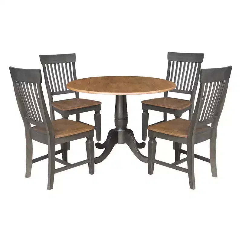 5pc 42" Round Dual Drop Leaf Dining Table with 4 Slat Back Chairs Hickory/Washed Coal - International Concepts: Rubberwood, Pedestal Base