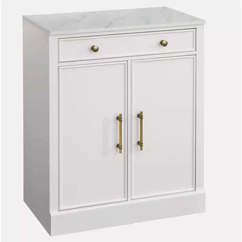 Lifestorey Monza Modular Cabinet with Faux Marble Top 1 Drawer 2 Doors White: Faux Marble Top, Brass Tone Handles, Adjustable Shelf