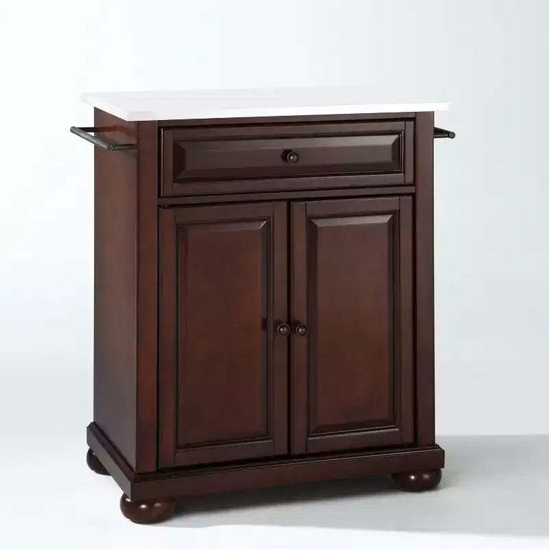 Alexandria Stone Top Portable Kitchen Island/Cart Mahogany/White - Crosley: MDF Frame, Stone Surface, Towel Bar, 2 Doors