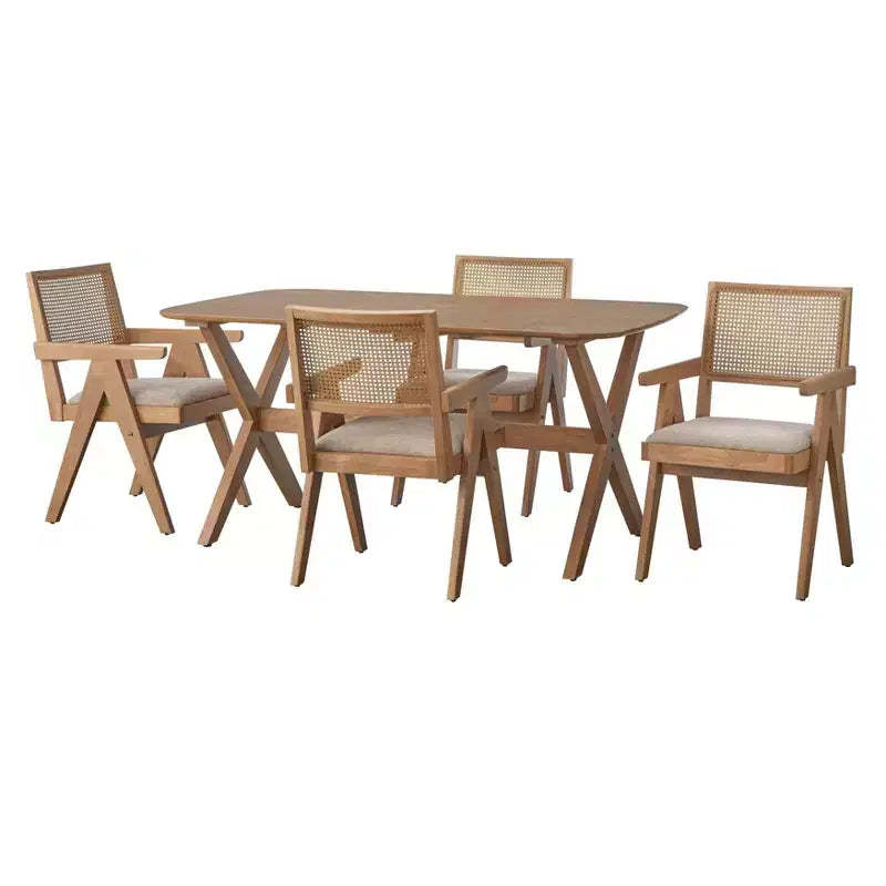 Lifestorey 5pc Baywood Mid Century Solid Wood Dining Set with Arm Chair Light Oak/Beige