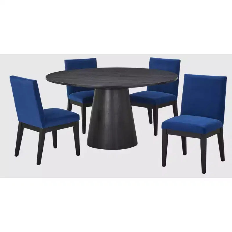 Buylateral 5Pc North Bay Modern 59" Round Dining Set Navy: Velvet Chairs, Rubberwood