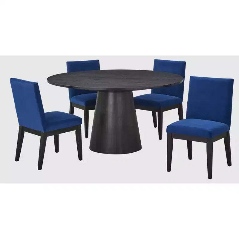 Buylateral 5Pc North Bay Modern 59" Round Dining Set Navy: Velvet Chairs, Rubberwood