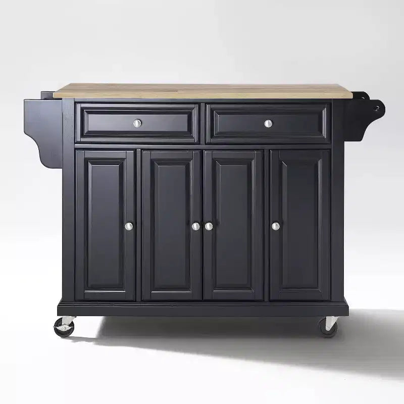 Full Size Wood Top Kitchen Cart Black - Crosley: Mobile Storage, 3 Cabinets, Spice Rack