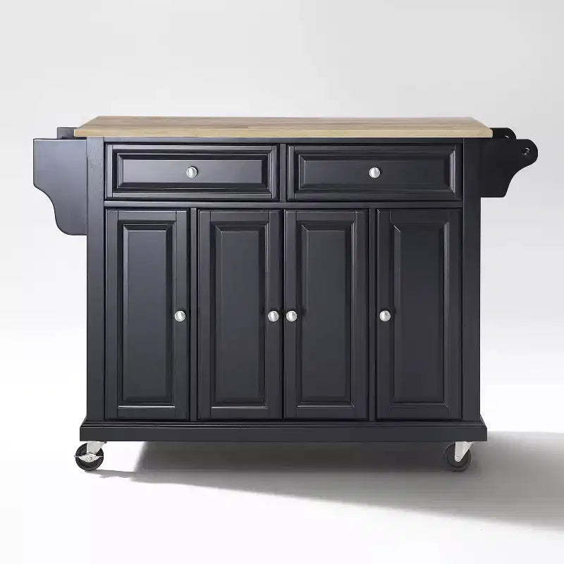 Full Size Wood Top Kitchen Cart Black - Crosley: Mobile Storage, 3 Cabinets, Spice Rack