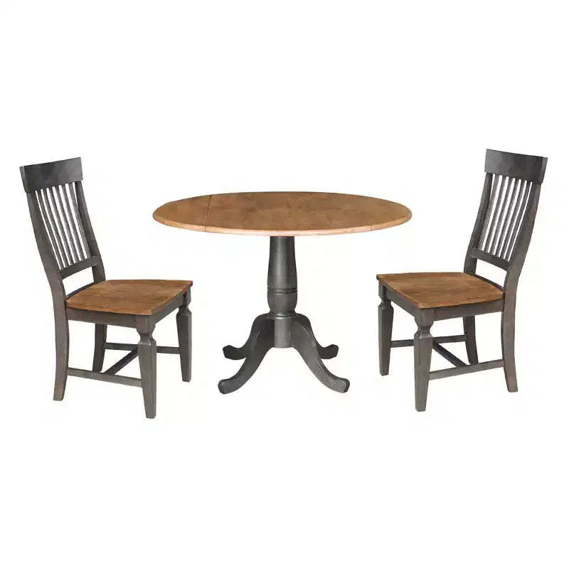 3pc 42" Round Dual Drop Leaf Dining Table with 2 Slat Back Chairs Hickory/Washed Coal - International Concepts: Compact Parawood Set
