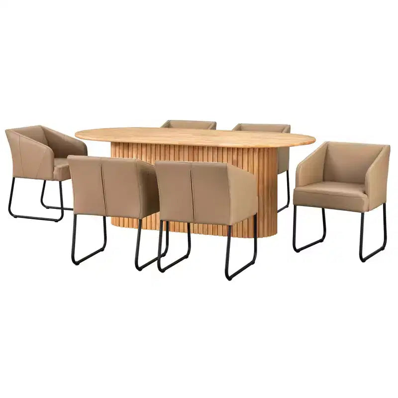 Lifestorey 7pc Layton Modern Oval Dining Set with Leather Chairs Natural/Khaki