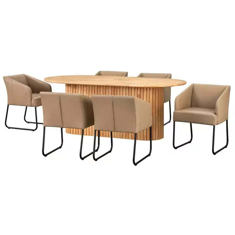 Lifestorey 7pc Layton Modern Oval Dining Set with Leather Chairs Natural/Khaki