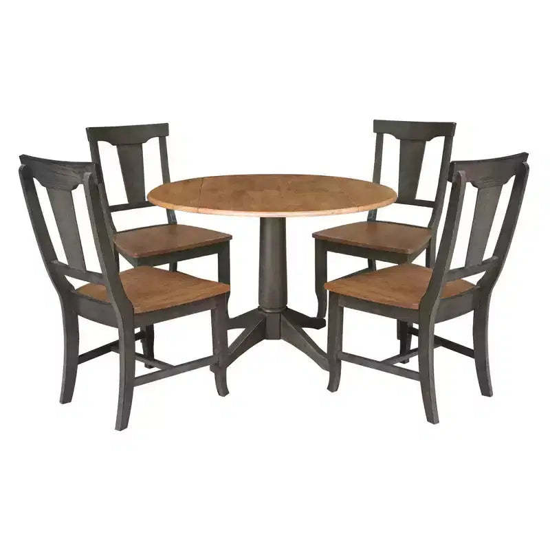 42" Round Dual Drop Leaf Dining Table with 4 Panel Back Chairs Hickory/Washed Coal - International Concepts: Traditional Style, Rubberwood Frame