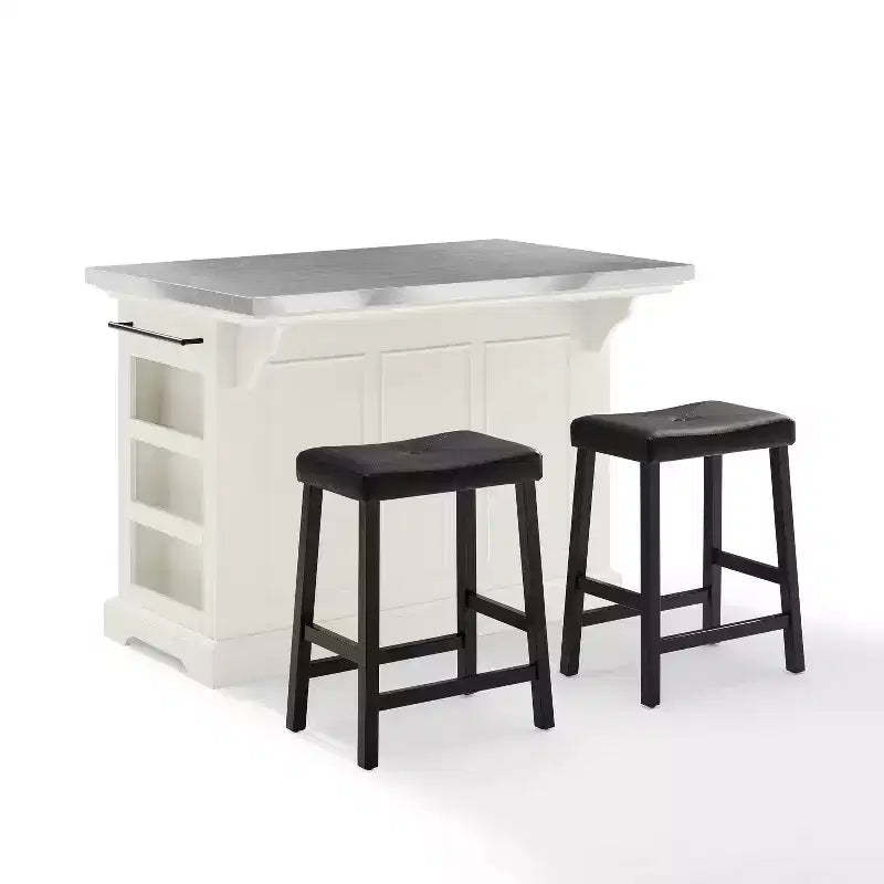 Julia Stainless Steel Top Kitchen Island: Includes 2 Stools, Spice Rack, Towel Bar - Crosley