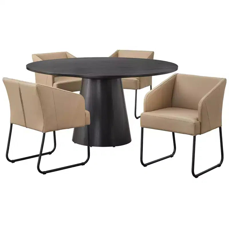 Buylateral Lucine 5pc 59" Modern Round Dining Set Black Table with Khaki Leather Dining Chairs
