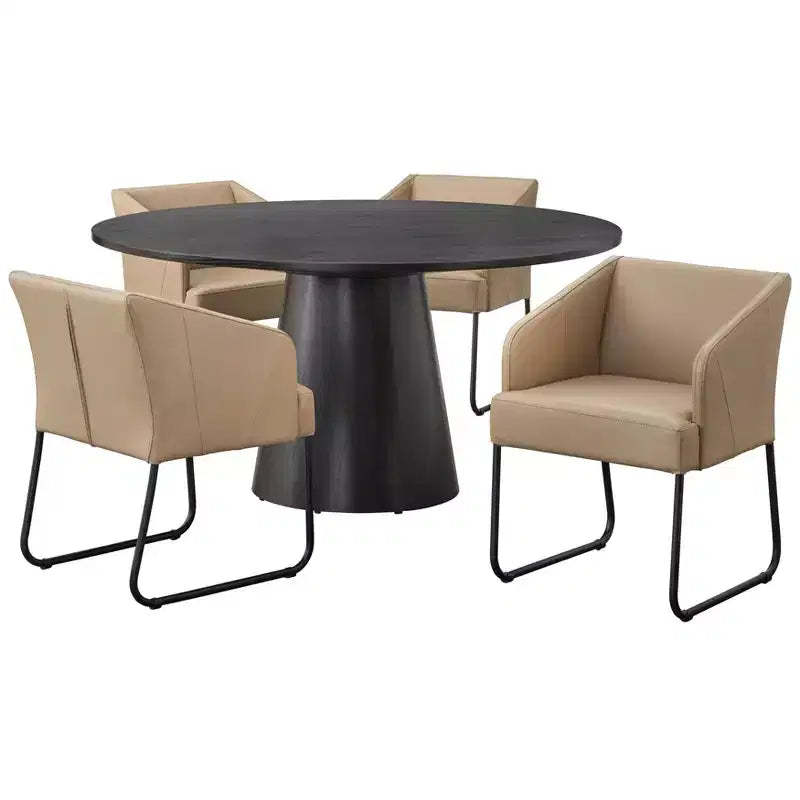 Buylateral Lucine 5pc 59" Modern Round Dining Set Black Table with Khaki Leather Dining Chairs