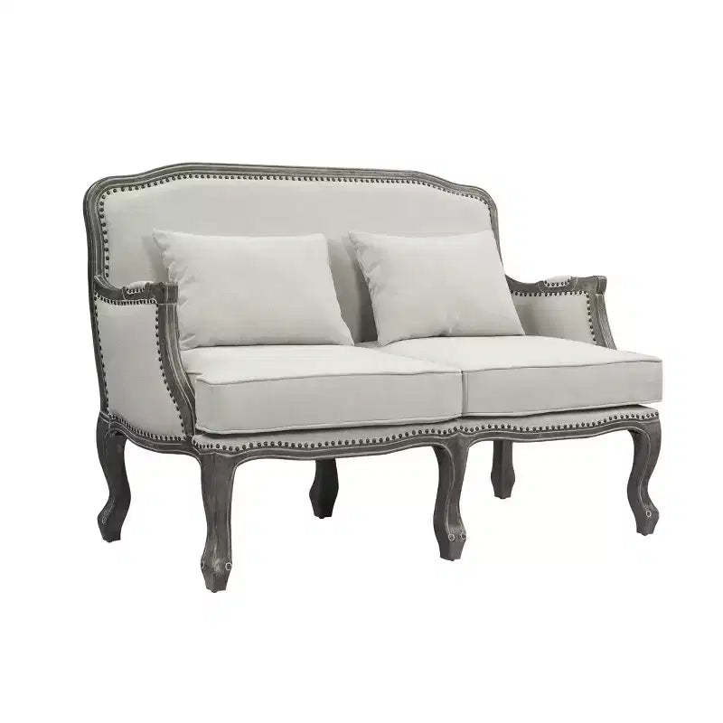 56" Tania Sofas Cream Linen and Brown Finish - Acme Furniture: French Cabriole, Nailhead Trim, No Assembly Required