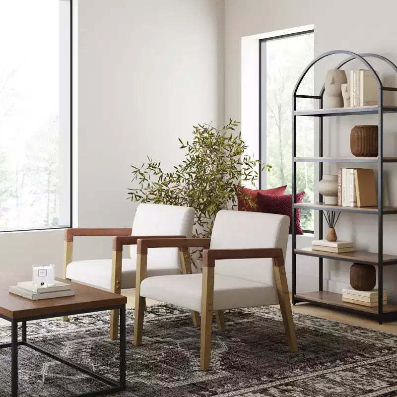 Nathan James Set of 2 Hudson Wood and Faux Leather Accent Chairs Flax