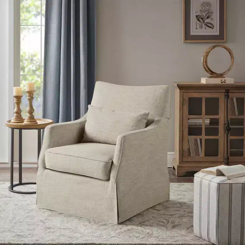 Martha Stewart London Skirted Swivel Chair Textured Beige: Farmhouse Style, Polyester Upholstery, Wood Frame