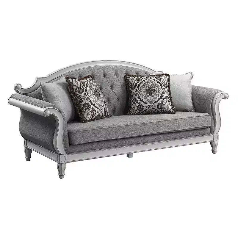 88" Florian Sofa Gray Fabric and Antique White Finish - Acme Furniture: Leather Upholstery, Wood Frame, Includes Accent Pillow