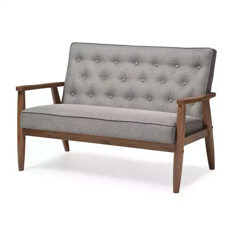 Sorrento Mid-Century Retro Modern Fabric Upholstered Wooden 2 Seater Loveseat Gray - Baxton Studio: Danish Design, Rubberwood Frame