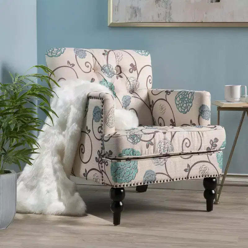 Christopher Knight Home Harrison Tufted Club Chair - White/Blue: Upholstered Accent, Floral Pattern, Hardwood Frame