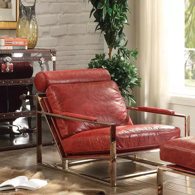 Acme Furniture 29" Quinto Accent Chair Antique Red Top Grain Leather/Stainless Steel: No Assembly, 60 Day Warranty