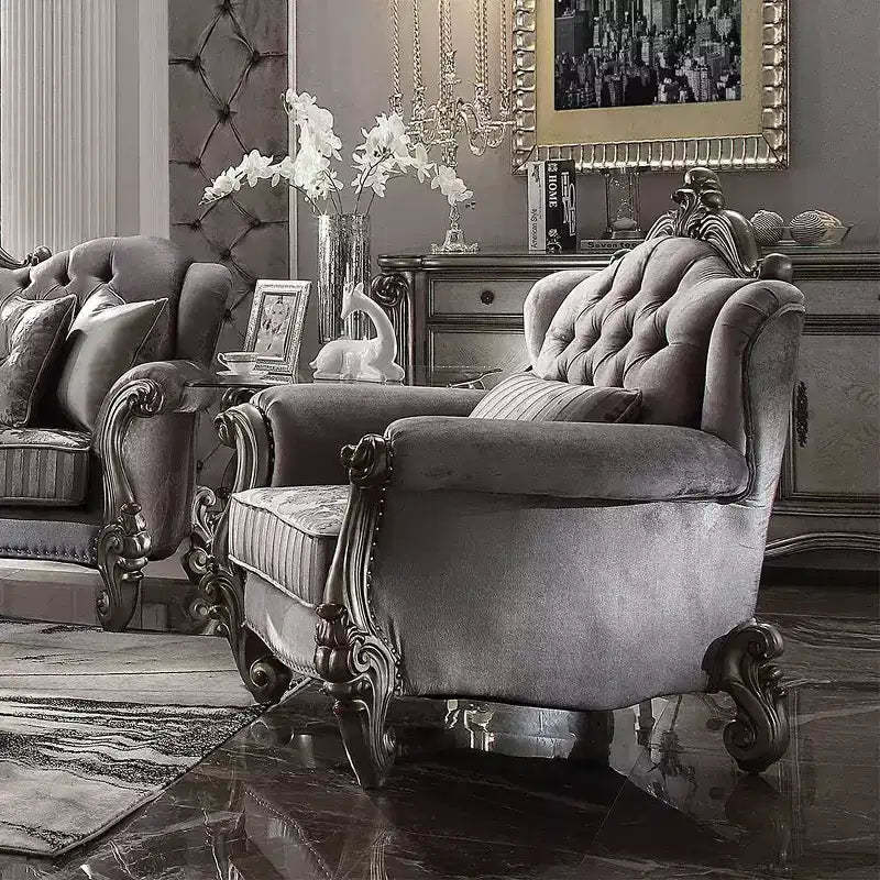 Versailles Club Chair with 1 Pillow Velvet/Antique Platinum Finish - Acme Furniture