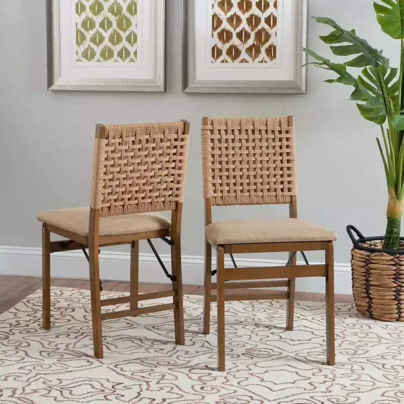 Linon Set of 2 Valley Woven Back Padded Seat Midcentury Modern Folding Chair Natural