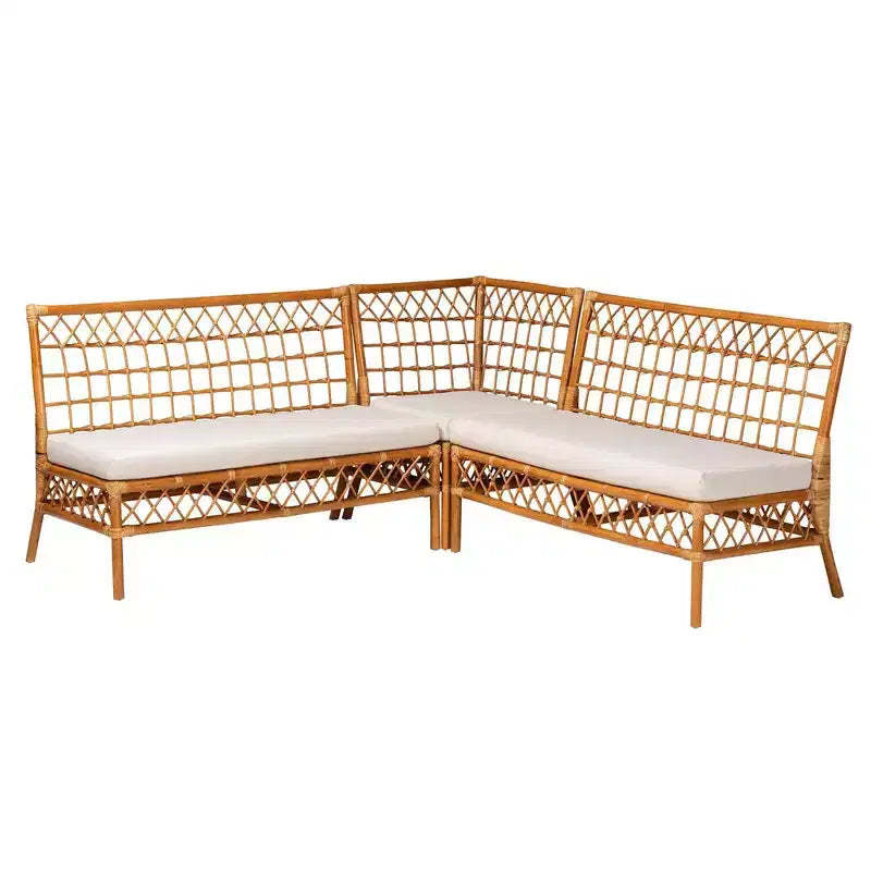 bali & pari 3pc Capella Rattan Dining Nook Banquette Set White/Light Honey: Handcrafted, Foam Cushioned, No Assembly