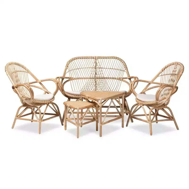 5pc Jayden Fabric Upholstered and Rattan Living Room Set White/Natural - bali & pari: No Assembly, Includes Cushions