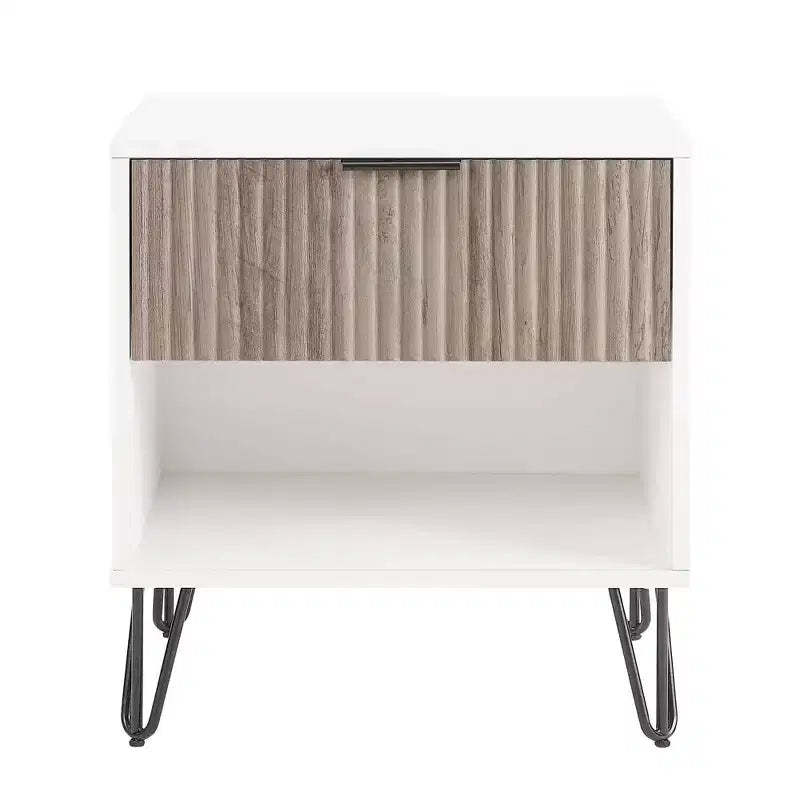 Manhattan Comfort Dumbo 1 Drawer Nightstand White/Rustic Gray: Contemporary MDF Frame, Open Shelf, Textured Finish