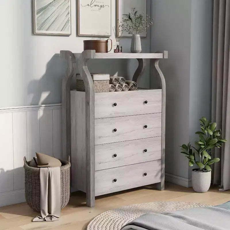 miBasics Chickadee Farmhouse 4 Drawer Chest Coastal White : MDF Storage, Anti-Tip Hardware
