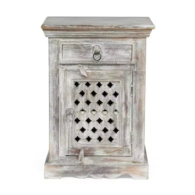 Tijeras Handcrafted Boho Mango Wood Nightstand Distressed White - Christopher Knight Home: Artisan Crafted, Storage Cabinet, No Assembly Required
