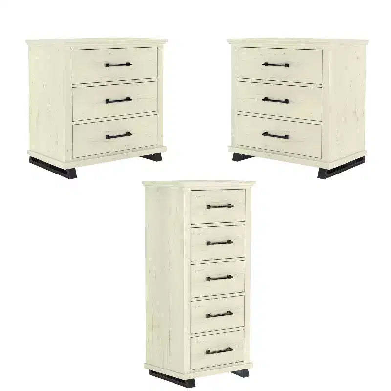 Festivo 3pc Contemporary 24" 5 Drawer Chest and 3 Drawer Nightstand Set Saw Cut Off-White: MDF, Metal Legs, Anti-Tip
