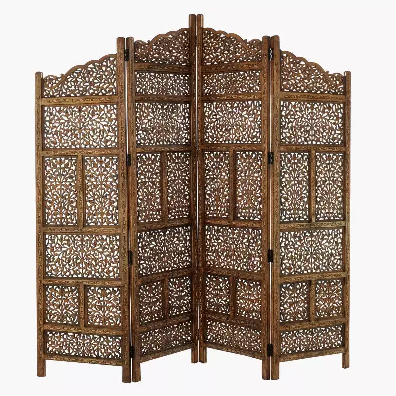 Traditional Wood Carved Pattern Room Divider Screen Brown - Olivia & May