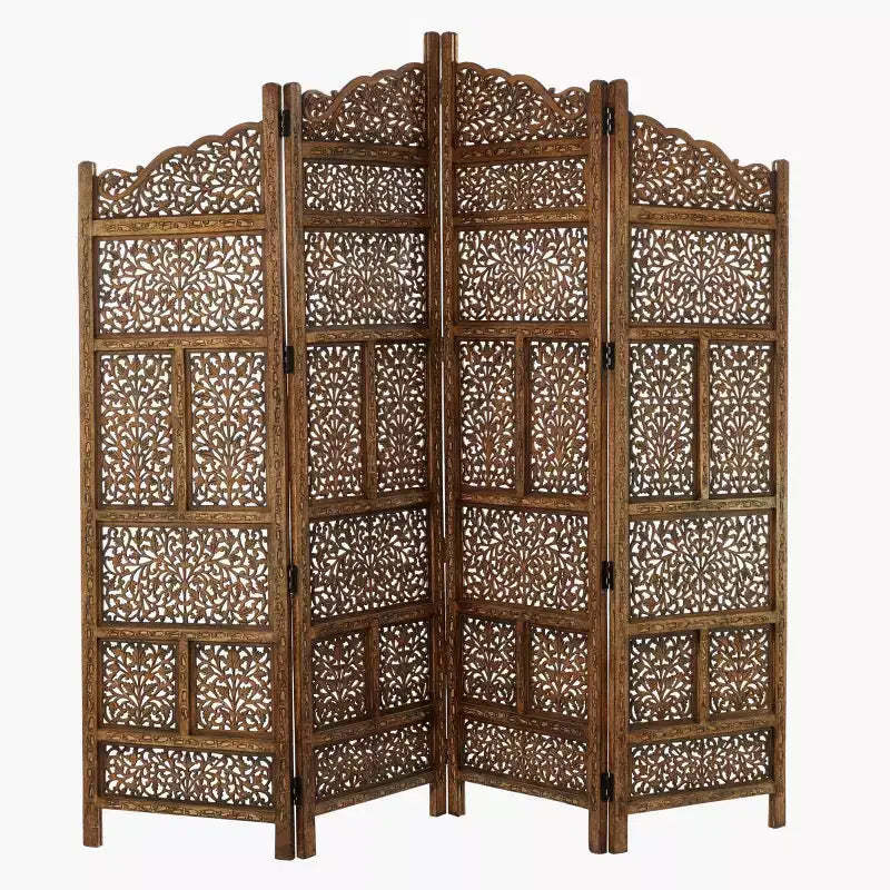 Traditional Wood Carved Pattern Room Divider Screen Brown - Olivia & May