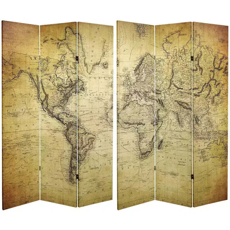 6" Double Sided Vintage World Map Canvas Room Divider Beige - Oriental Furniture: Spruce Wood Frame, No Assembly Required