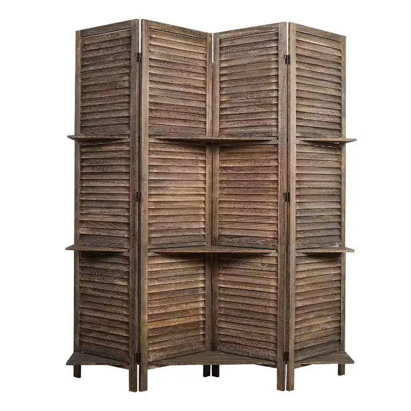 Proman Products Rancho 4 Shelf Panel Folding Screen Room Partition Paulownia Wood: Privacy Screen with Storage, No Assembly