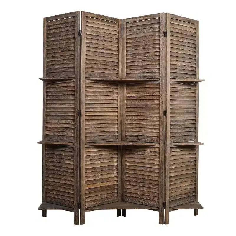 Proman Products Rancho 4 Shelf Panel Folding Screen Room Partition Paulownia Wood: Privacy Screen with Storage, No Assembly
