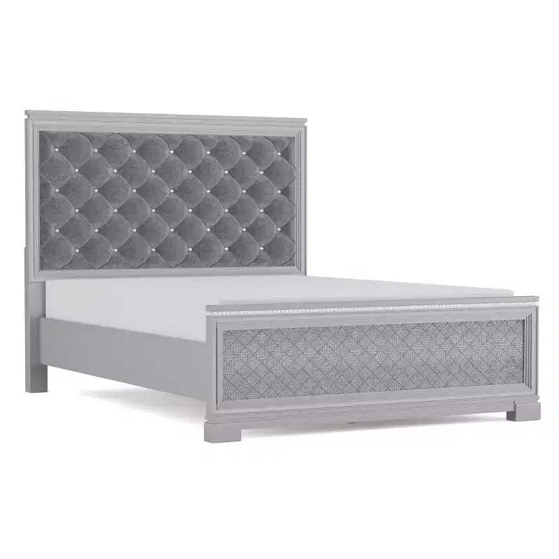 HOMES: Inside + Out Eastern King Tenaya Glam Bed with Button Tufted Headboard Silver: Upholstered Polyester Frame