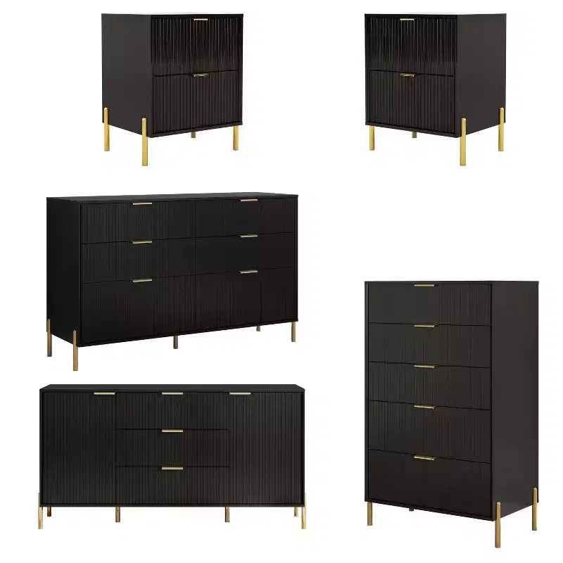Festivo 5pc Modern Elegance Bedremm Chest and 2 Dressers and 2 Drawer Nightstands Set Black