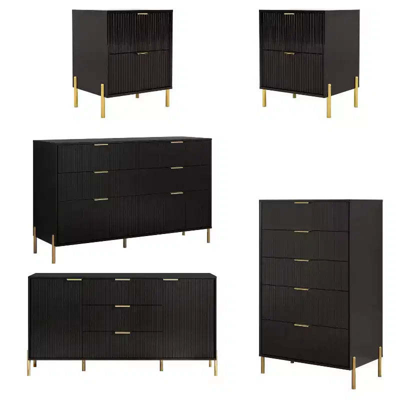 Festivo 5pc Modern Elegance Bedremm Chest and 2 Dressers and 2 Drawer Nightstands Set Black