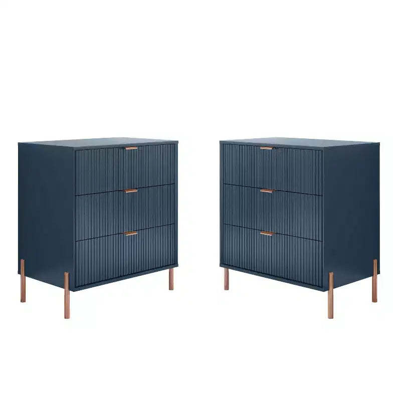 Festivo 2pc Modern Elegance 3 Drawer Nightstands Side Table Set Navy