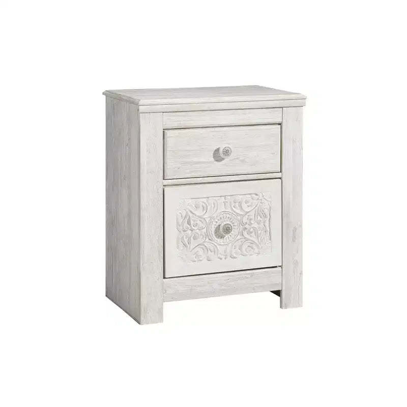 Paxberry Two Drawer Nightstand White Wash - Signature Design by Ashley: Traditional Storage, USB Ports, Wood Frame