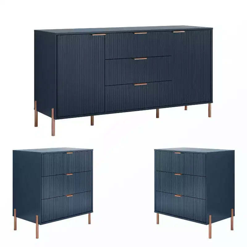 Festivo 3pc Modern Elegance 3 Drawer Nightstands and 3 Drawer Dresser Set Navy