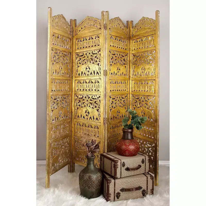 Traditional 4 Panel Fine Carved Room Divider Screen Gold - Olivia & May: Hand-Applied Foil, Artisan Crafted